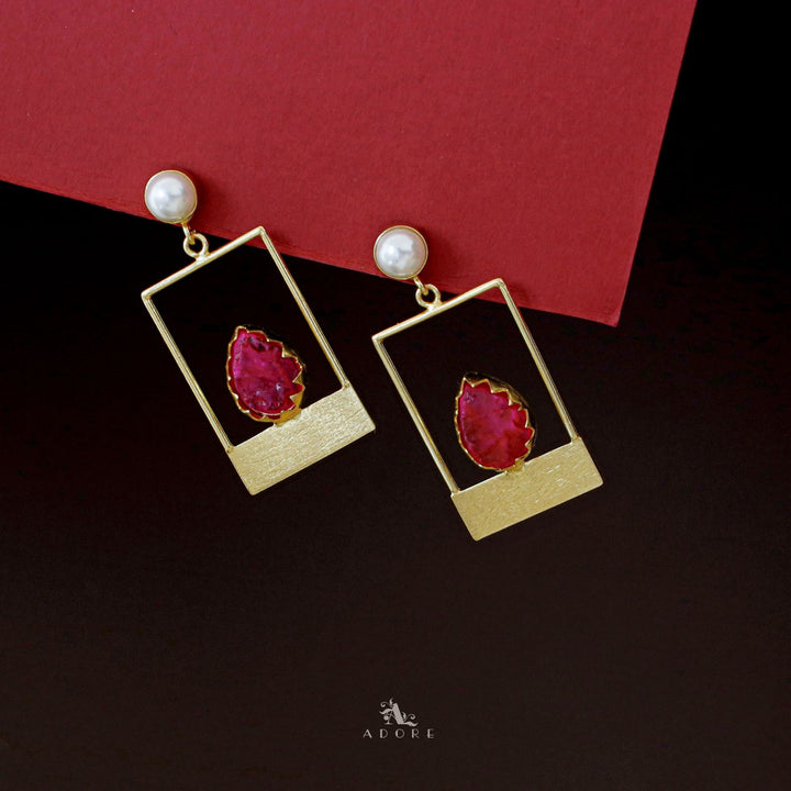 Golden Box And Drop Dyed Stone Pearl Earring
