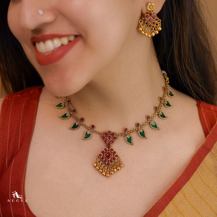 Sharini Mango Floral Golden Ball Neckpiece With Earring