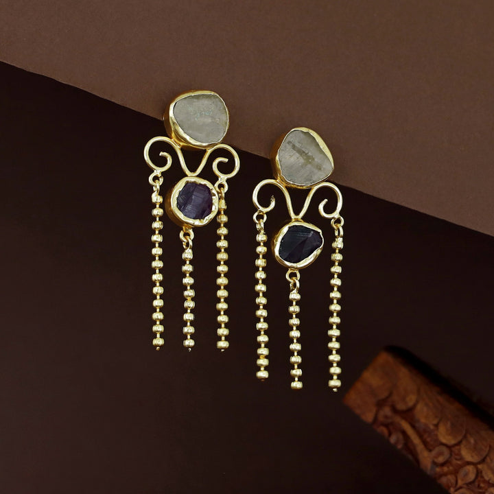 Golden Tri Ball Hanging Dual Raw Stone Earring