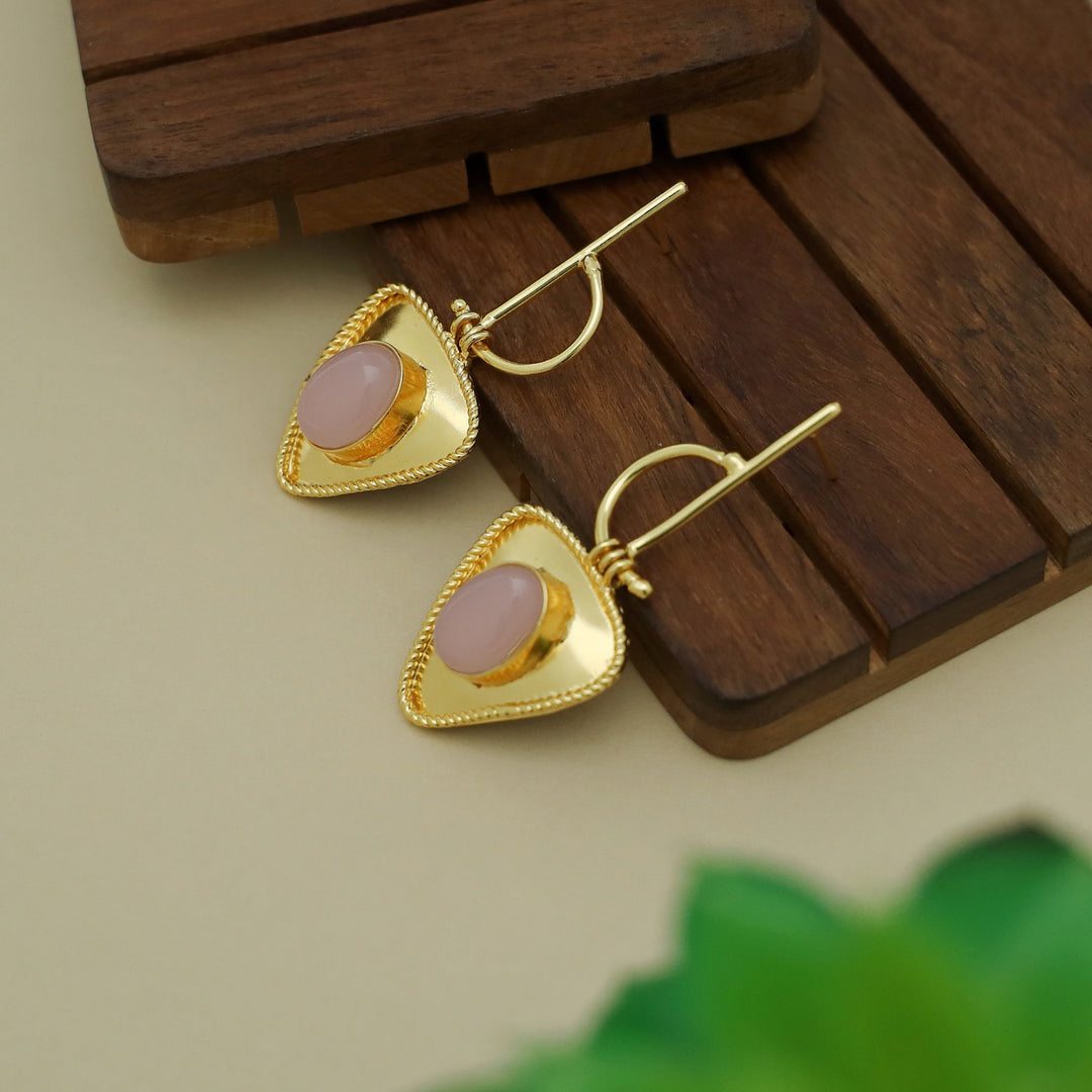 Golden Stick Inverted Triangle Oval Glossy Stone Earring