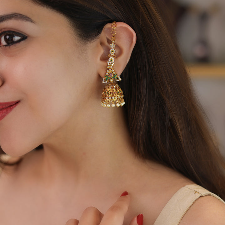 Darpita AD Stone Pearl Jhumka With Ear Chain