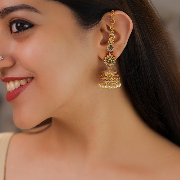 Darika AD Stone Pearl Jhumka With Ear Chain