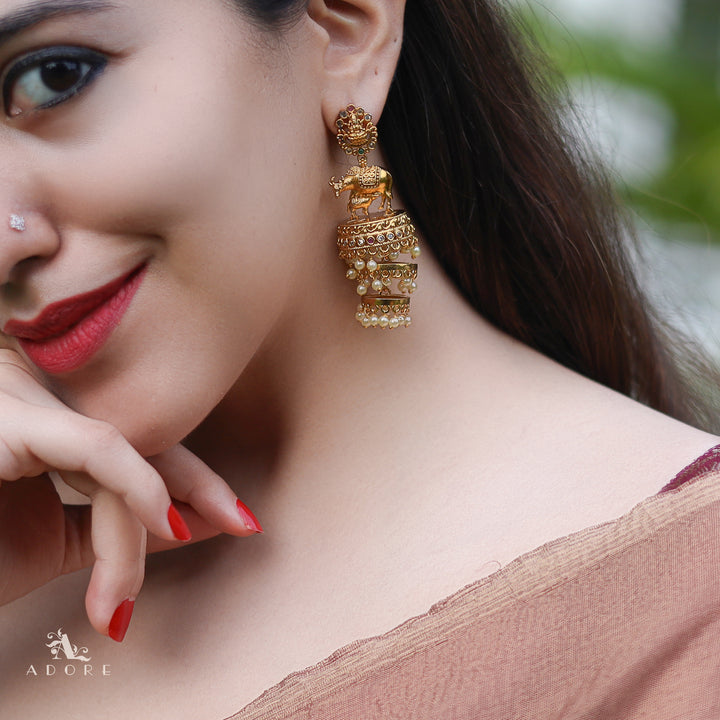 Lekshmi Feeding Calf Design Three Layer Pearl Jhumka