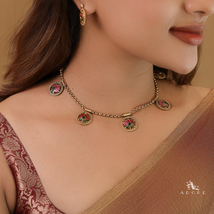 Advaita Circle Enamel Lotus Neckpiece With Earring