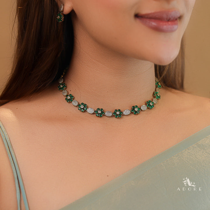 Anvika Floral AD Stone Short Neckpiece With Earring