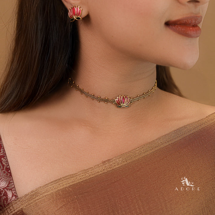 Advaita Enamel Lotus Choker With Earring