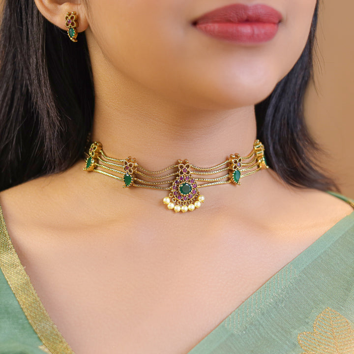 Vrishti 4 Layer Pearl Choker With Earring