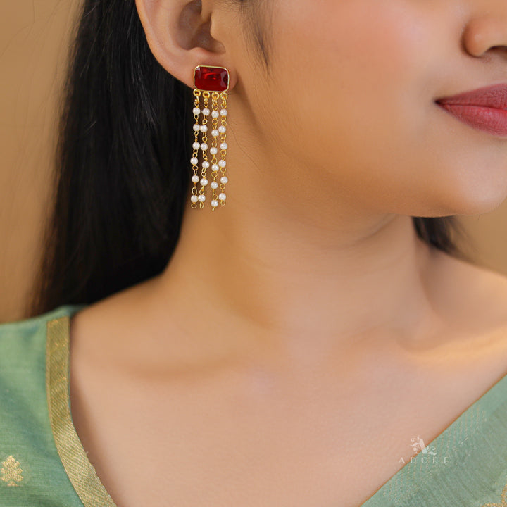 Rectangle Glossy Tassel Pearl Earring