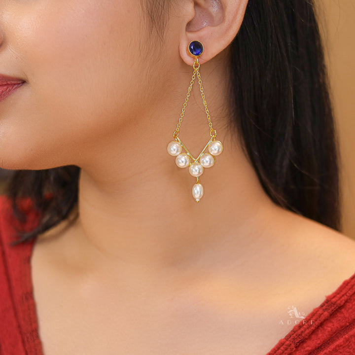Dhivara Golden V Shape Pearl Glossy Stone Earring
