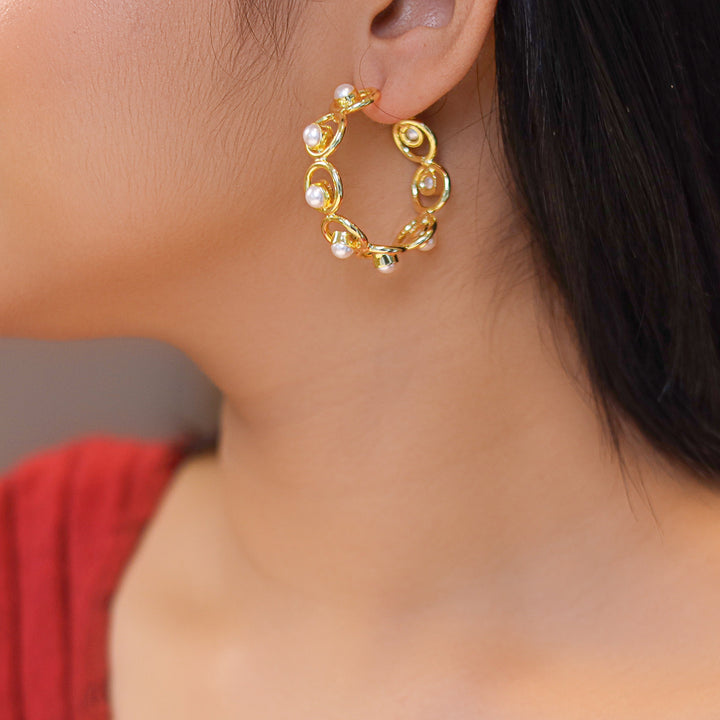 Golden Octa Circle And Pearl Hoop Earring