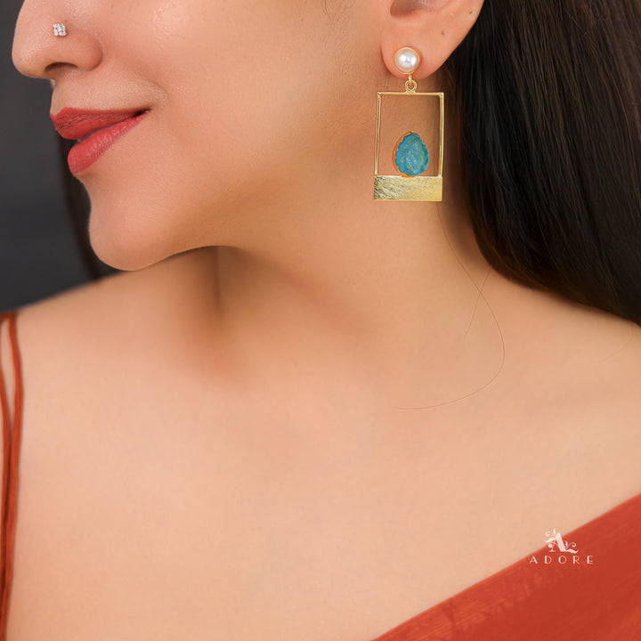 Golden Box And Drop Dyed Stone Pearl Earring