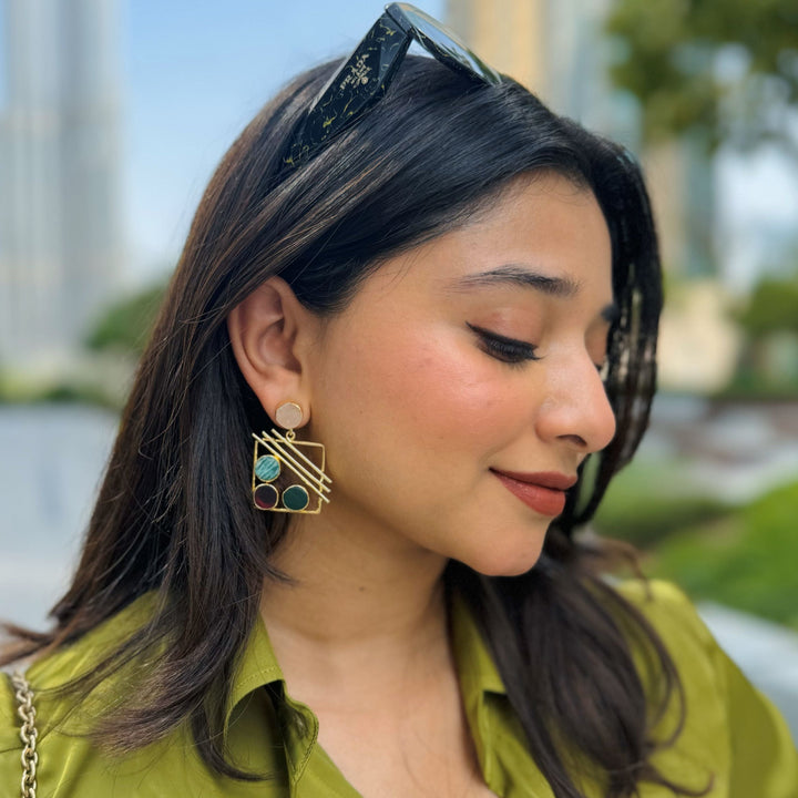 Golden Square Triple Line Raw Stone Earring