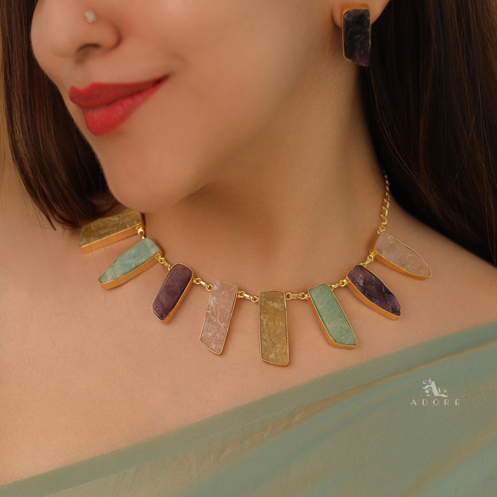 Multicolour Aanshi Raw Stone Neckpiece With Earring