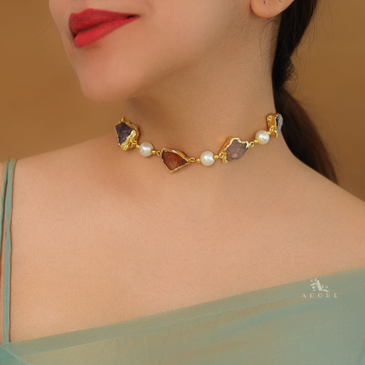 Electro Plated Raw Stone + Pearl Short Neckpiece/Choker