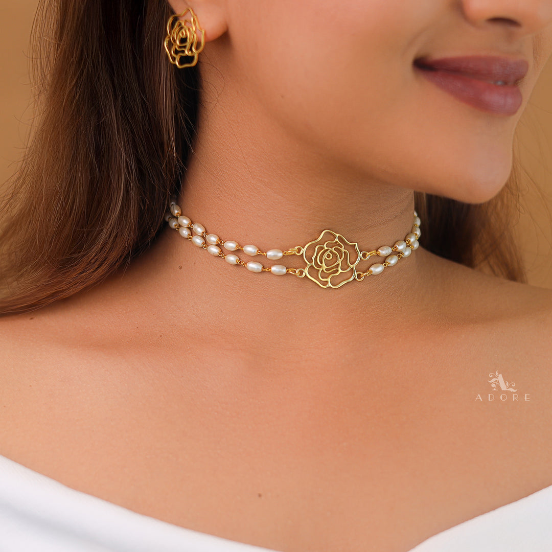 Golden Raazi Rice Pearl Emelia Twin Layer Choker With Earring