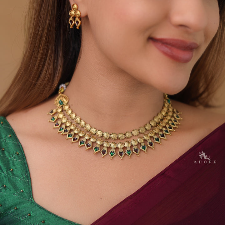 Charita 2 Layer Enamel Palakka Short Neckpiece With Earring