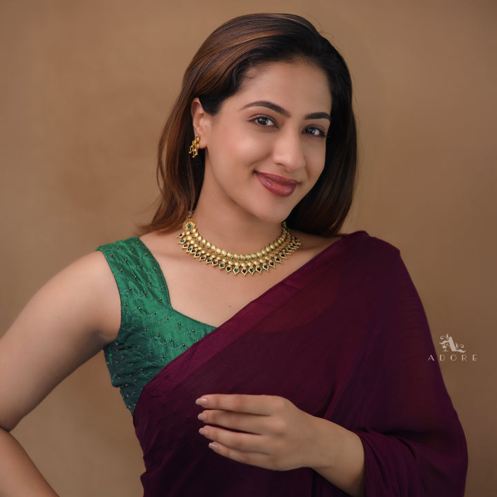 Charita 2 Layer Enamel Palakka Short Neckpiece With Earring