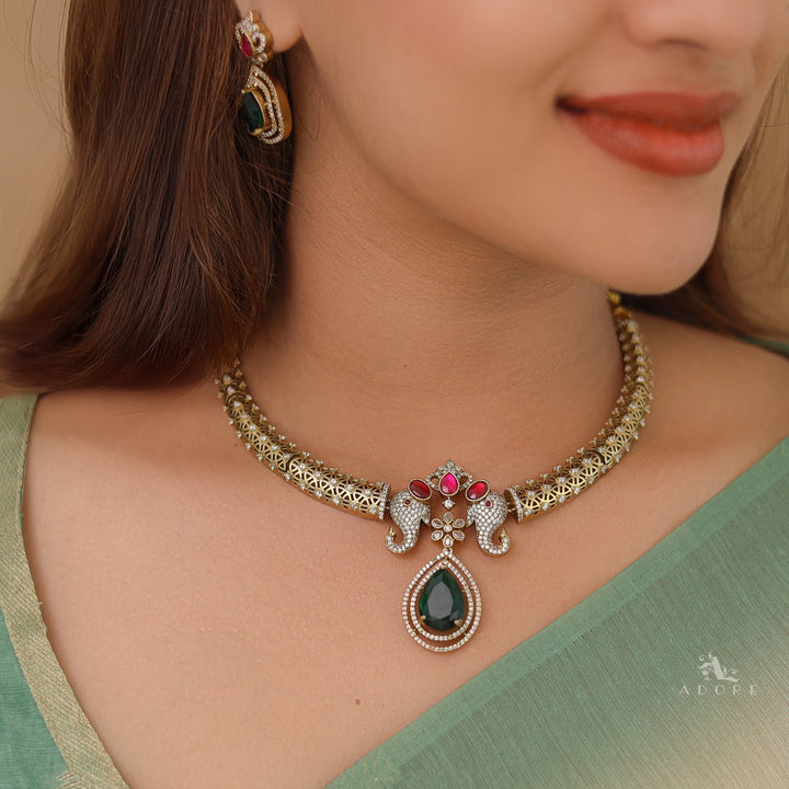 Airavath AD Stone Stiff Wing Neckpiece With Earring
