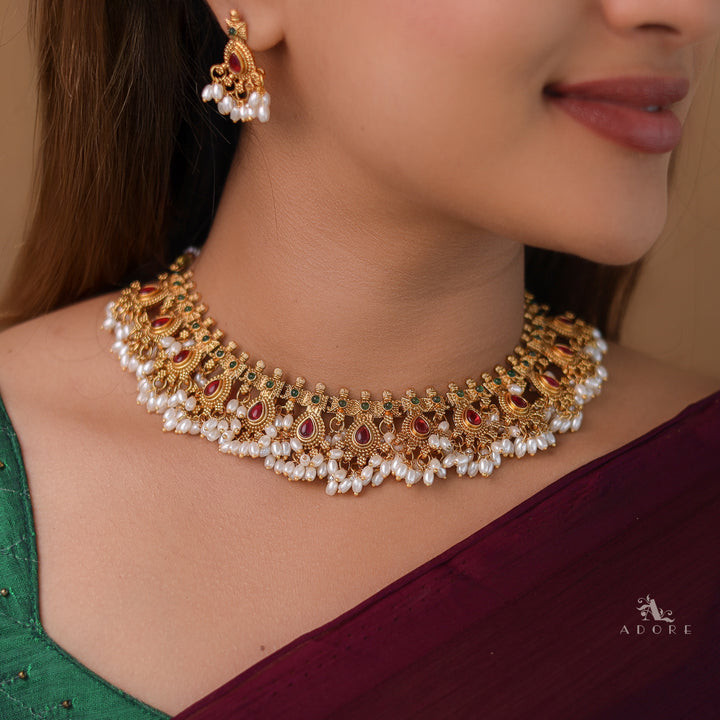 Mayurakshi Golden Rice Pearl Short Neckpiece With Earring