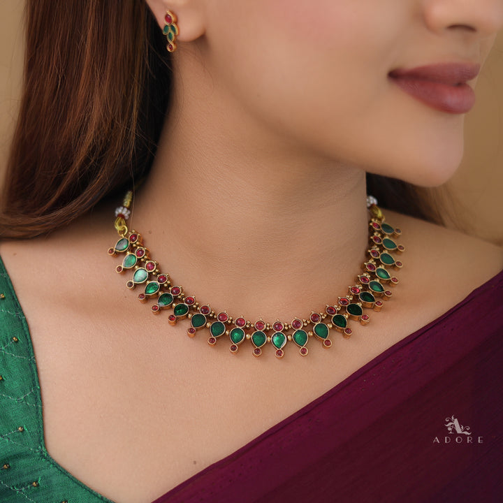 Ganga Enamel Drop Circle Short Neckpiece With Earring