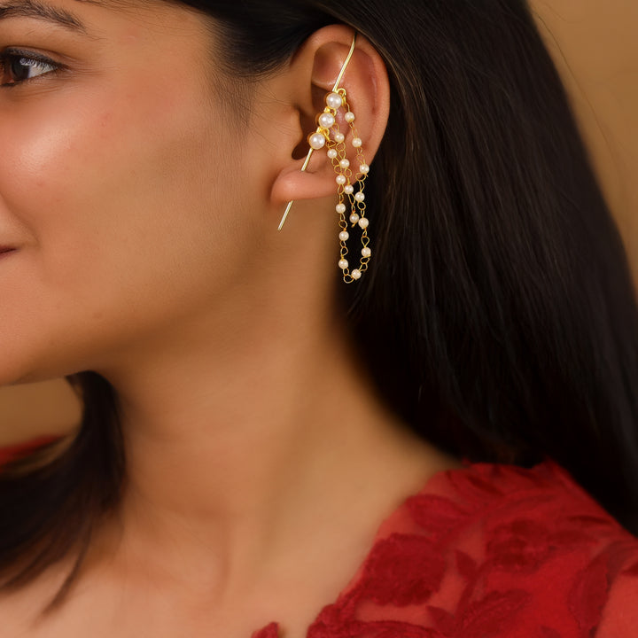 Mehul Golden Tri Pearl Chain Hanging Ear-Cuff (Set Of 2)