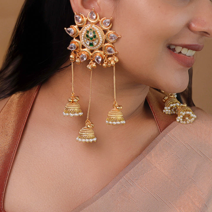 Pooja Golden Half Moon Flower Hanging Jhumka Kashmiri Earring