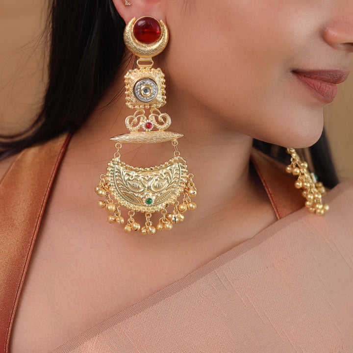Nagina Golden Half Moon Mayura Ghungroo Kashmiri Earring