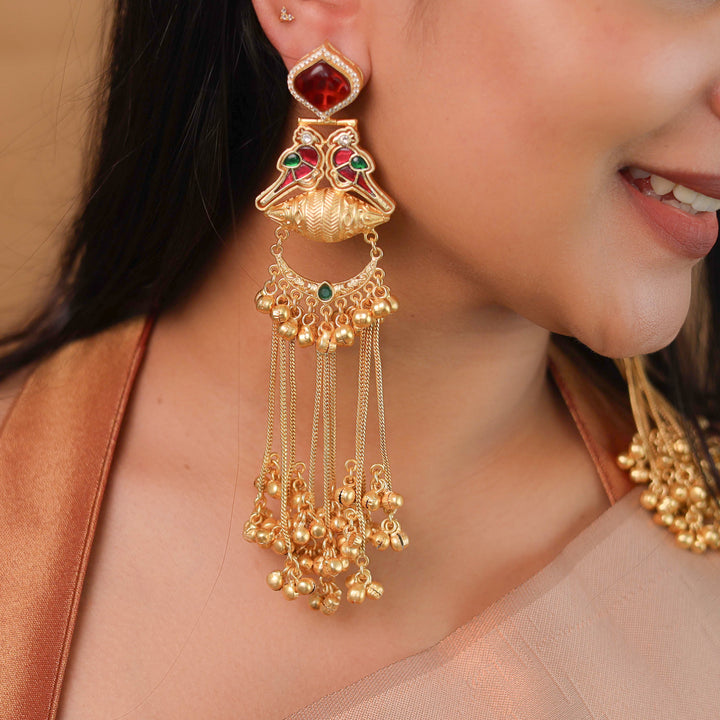 Meena Jadau Kundan Twin Bird Hanging Ghungroo Kashmiri Earring