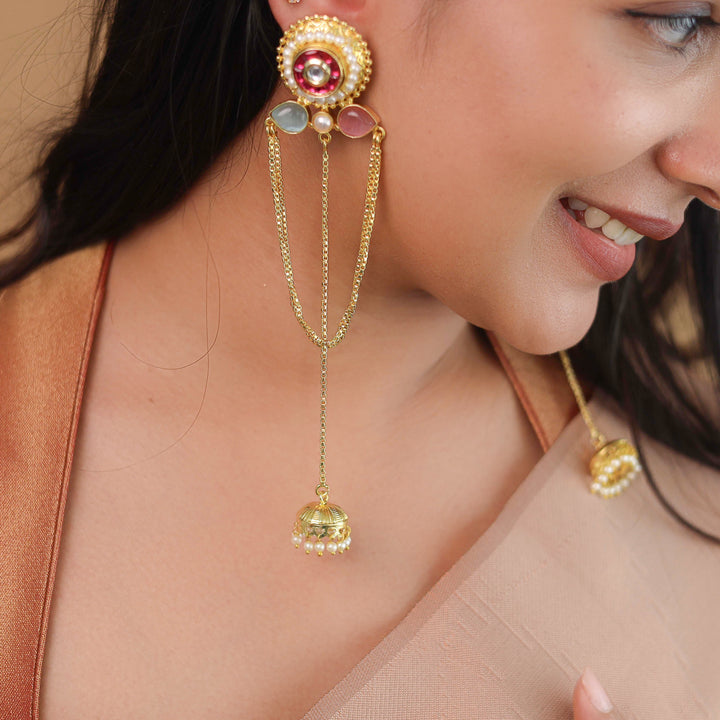 Golden Circle Pearl Glossy Hanging Kashmiri Jhumka