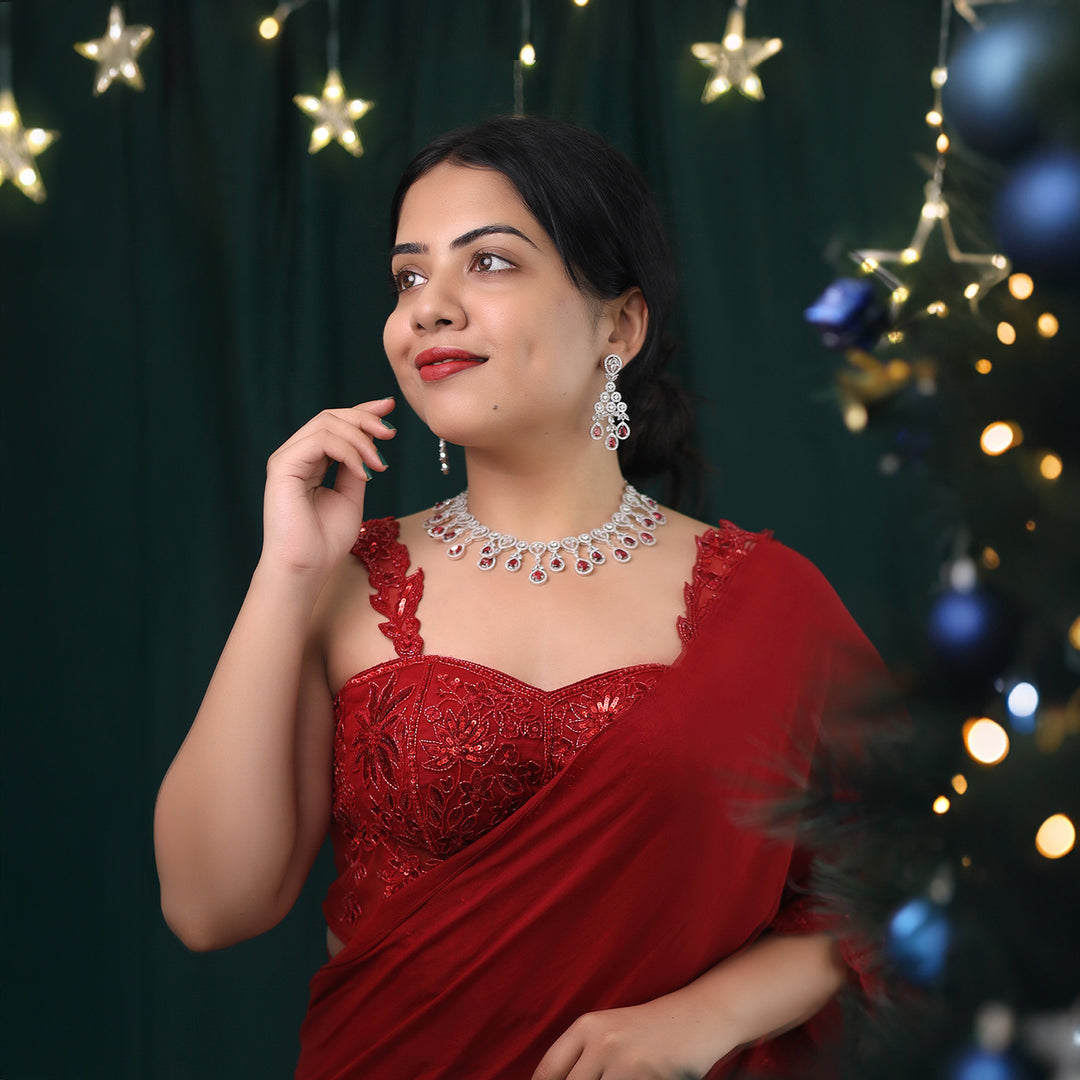 Premium Saiya AD Stone Glossy Drop Short Neckpiece With Earring