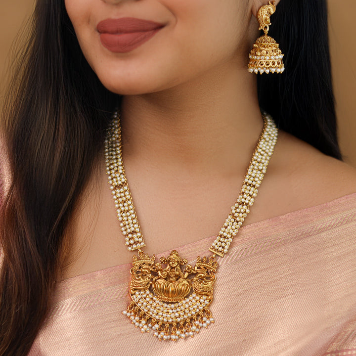 Takshika Devi Mayura Cluster Pearl Long Haram Neckpiece With Earring