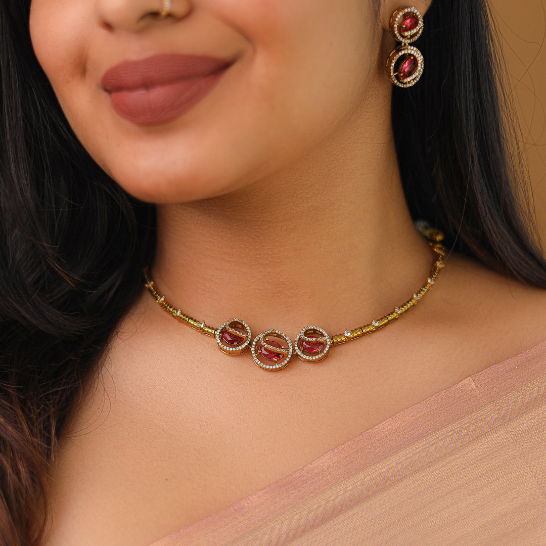 Laksha Tri Circle Oval Glossy Stiff Neckpiece With Earring