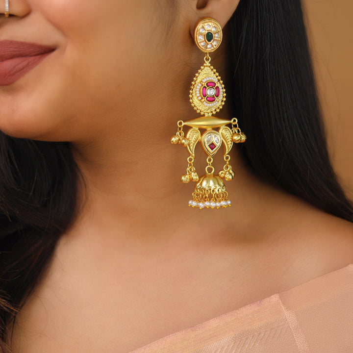 Gul Jadau Kundan Leaf Ghungroo Mini Kashmiri Jhumka