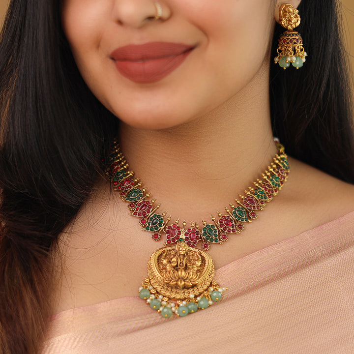 Aaradhya Lekshmi Mango Kemp Stone Pearl Bead Neckpiece With Earring