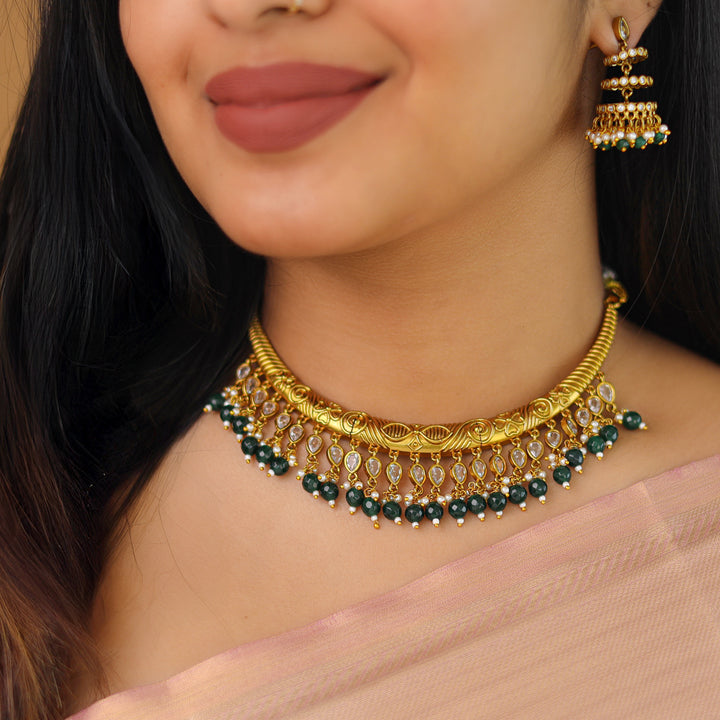 Premium Beaded Drop Stiff Wings Short Neckpiece With Earring