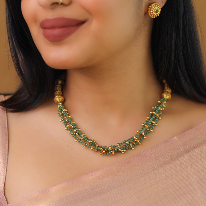 Ishita Golden Ball 3 Layer Beaded Neckpiece With Earring