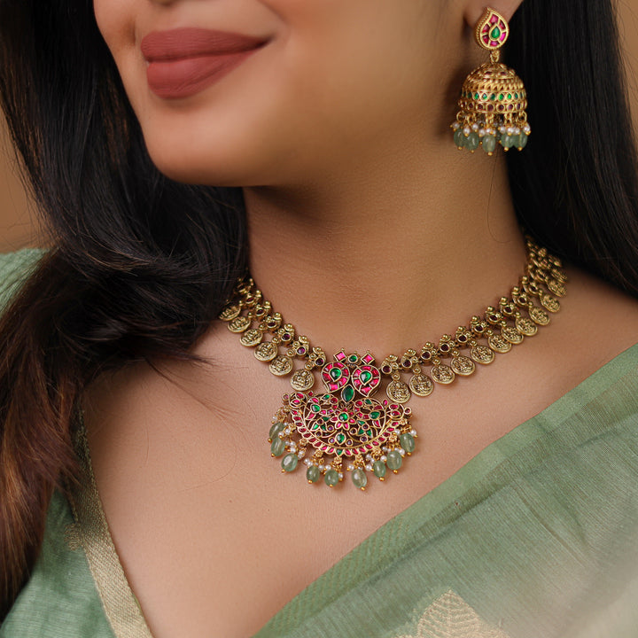 Premium Ikshitha Devi Kashi Jadau Kundan Beaded Short Neckpiece With Earring