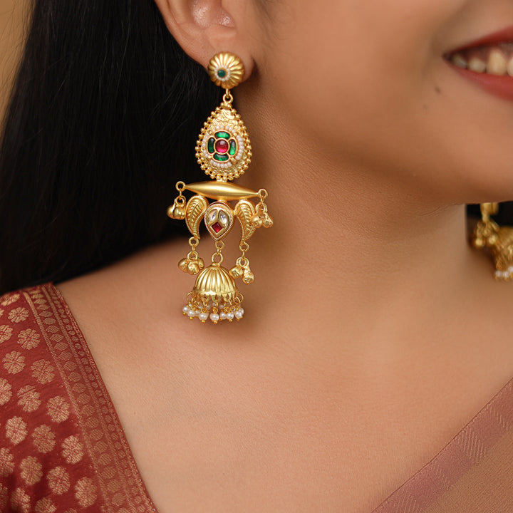 Gul Jadau Kundan Flower Ghungroo Pearl Kashmiri Jhumka