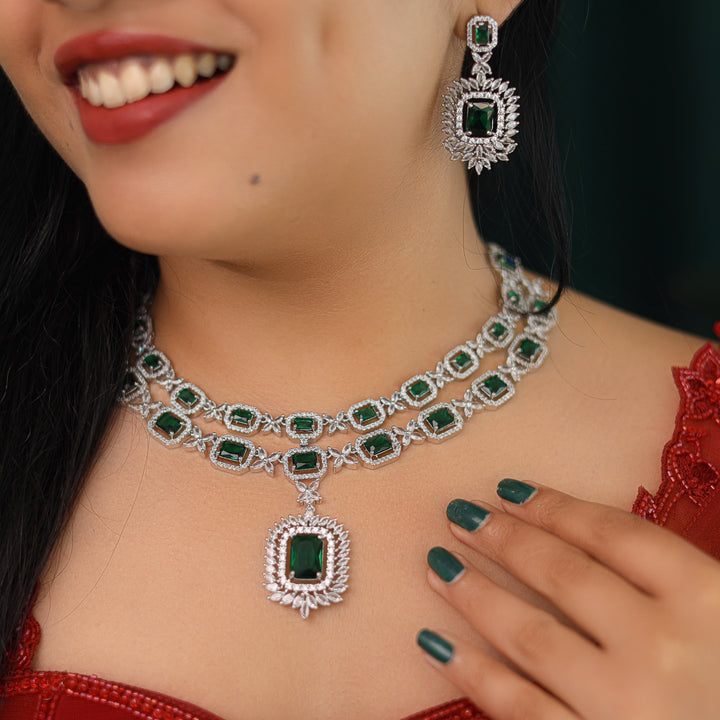 Premium AD Stone Rectangle 2 Layer Neckpiece With Earring