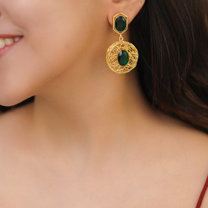 Golden Wired Dual Oval Glossy Stone Earring
