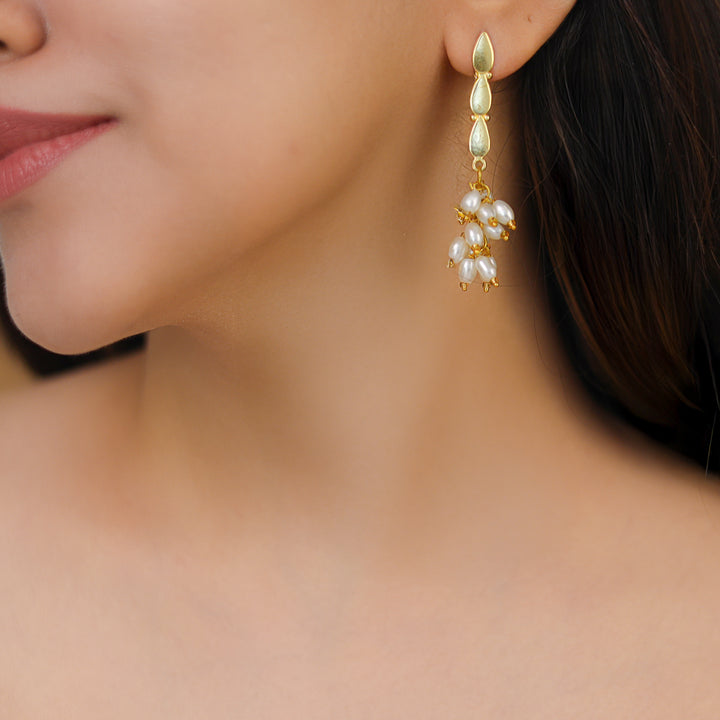 Kamya Golden Tri Drop Bunch Rice Pearl Earring