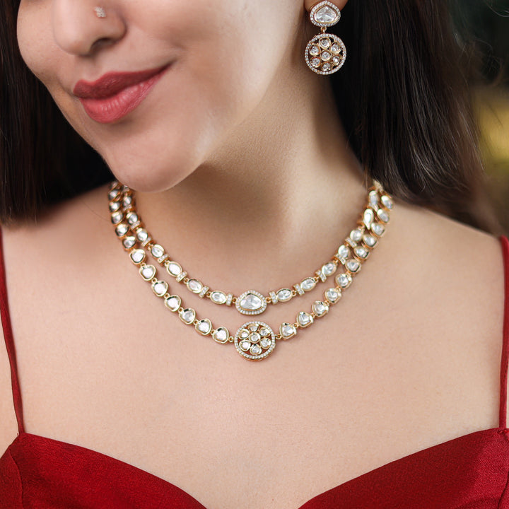 Premium Asael 2 Layer Kundan Flower Neckpiece With Earring