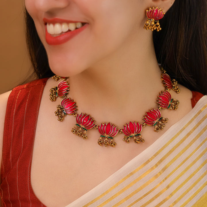 Advaita Enamel Lotus Cluster Golden Ball Neckpiece With Earring