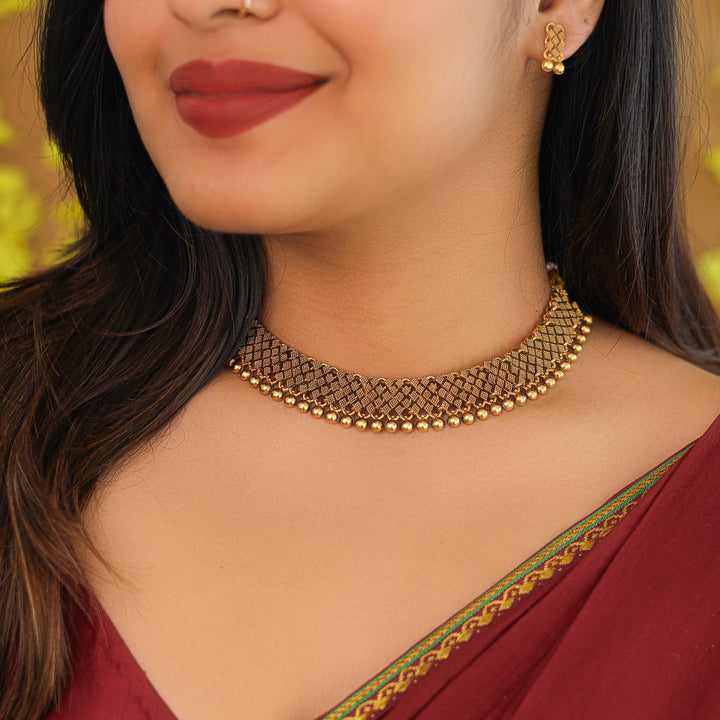 Teja Lakshmi Golden Ball Short Neckpiece With Earring