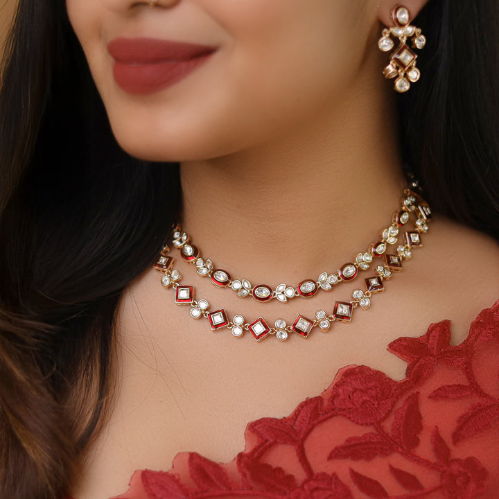 Premium Pragna Kundan 2 Layer Oval & Diamond Neckpiece With Earring