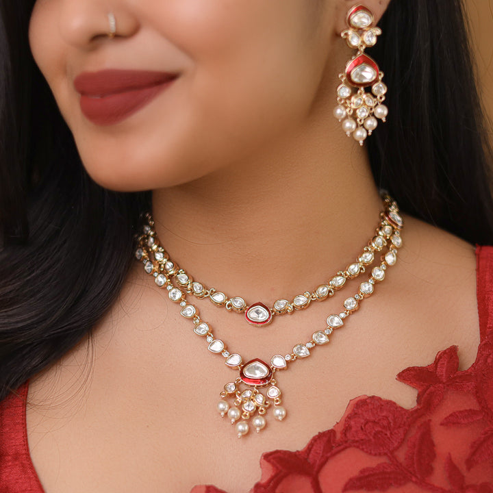 Premium Pooja Kundan 2 Layer Drop Pearl Neckpiece With Earring