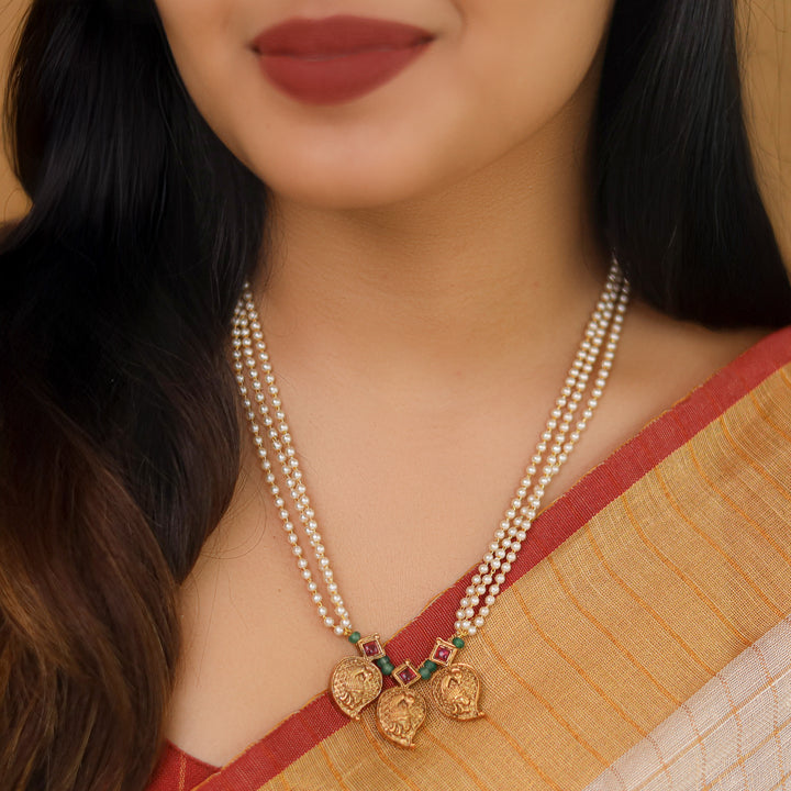 Brishti Devi Mayura Kemp Stone 3 Layer Pearl Neckpiece