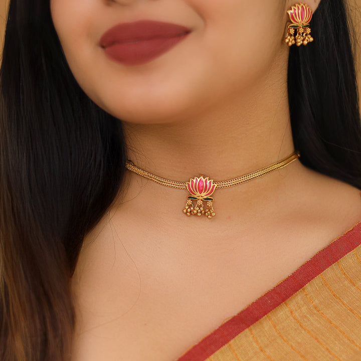 Advaita Enamel Single Lotus Choker With Earring