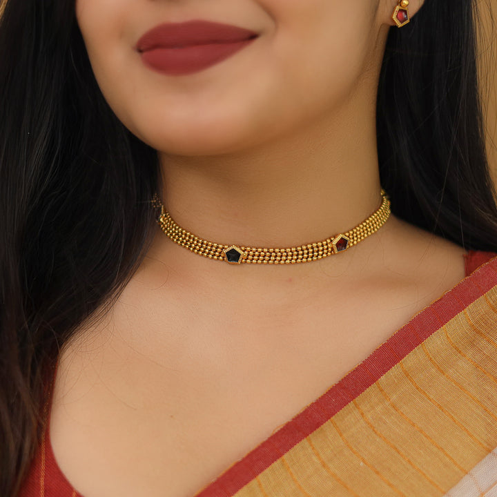 Nihari Golden Ball Enamel 3 Pentagon Choker With Stud