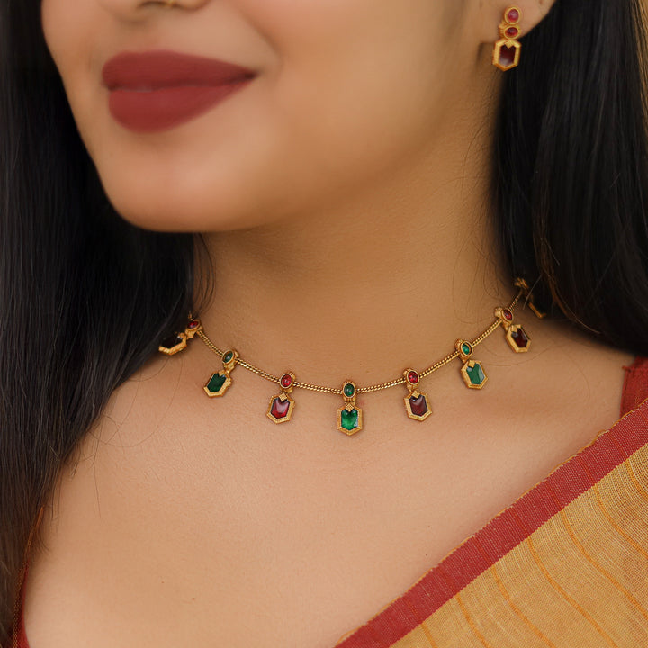 Alaka Golden Enamel Short Neckpiece With Earring